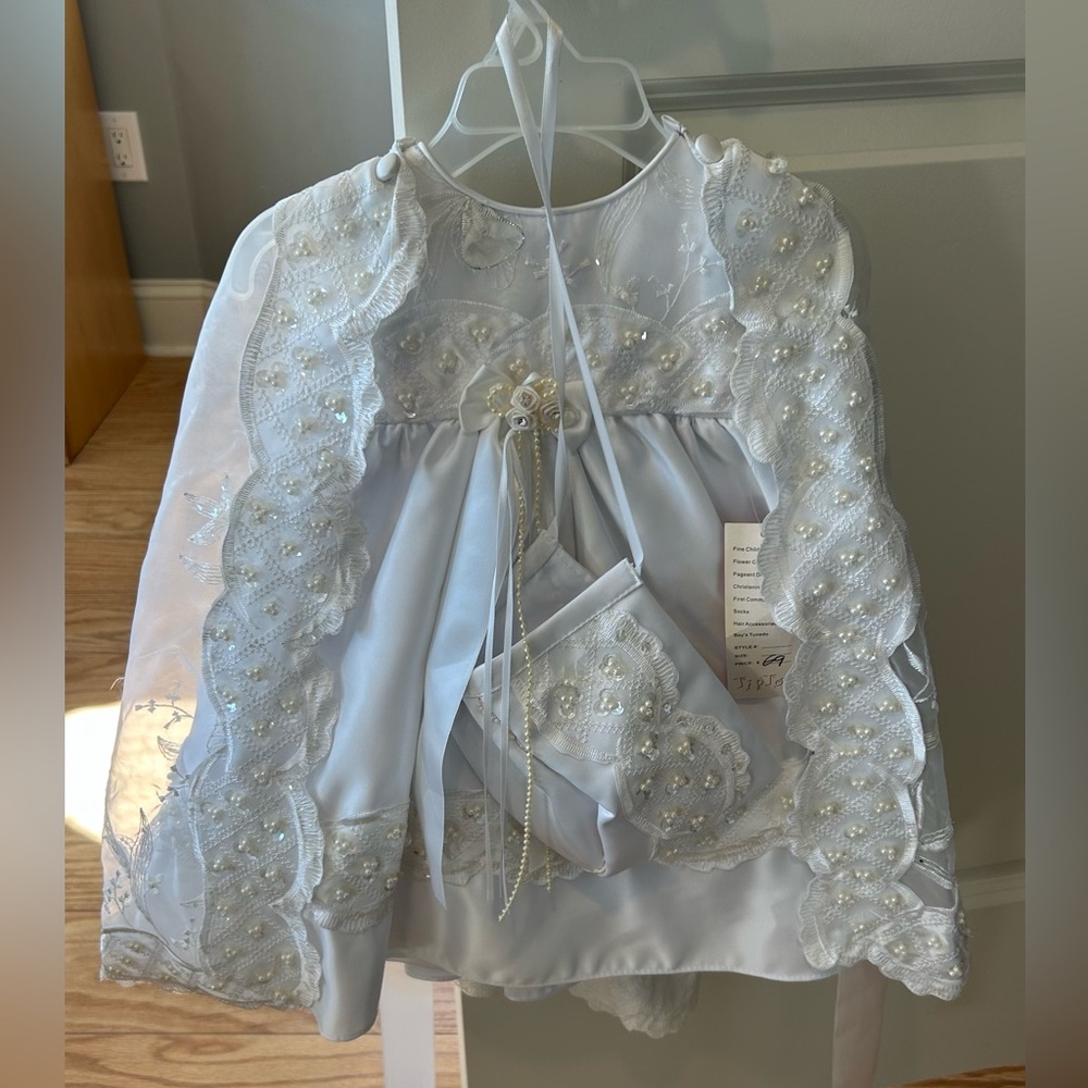 Vintage White Girls Dress Satin Lace Sequins Baptism Flowergirl cape HatNEW